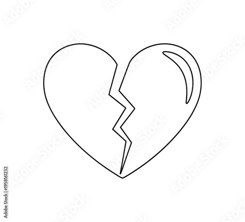 Broken Heart Metaphor. Minimalistic one-line drawing heart split or cracked representing emotional crushed dreams, continuous single black line on white
