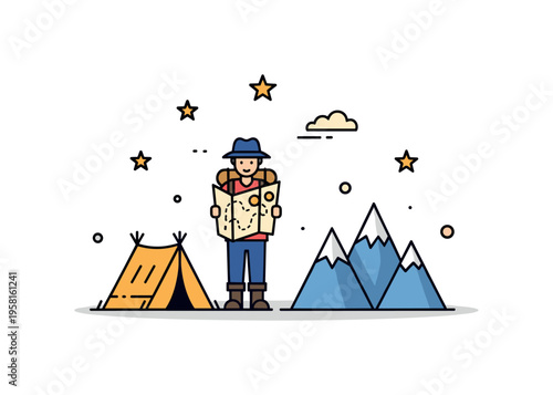 Historical explorer concept a traveler with a map standing beside a small tent and mountain icon expressing curiosity and adventure in journeys through past