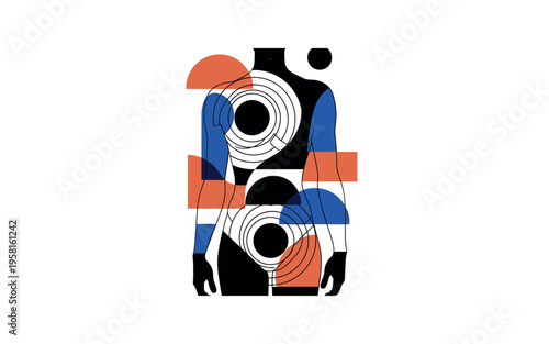 black and white human body silhouette composed with layered geometric circles and semicircles highlighting natural curves, cobalt blue and terracotta accent