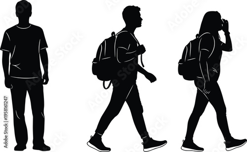 Silhouette vector illustration of three individuals with backpacks walking and standing, daily routine, travel activity, commuting lifestyle, outdoor movement design