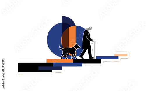 A monochrome elderly person walking with a loyal dog, intersected by bold semicircles symbolizing companionship, flat geometric blocks forming a simplified