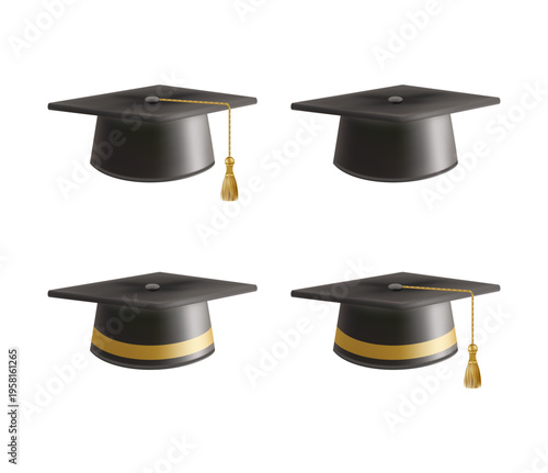Realistic Black graduate caps set. 3D Graduation Doctoral hat.