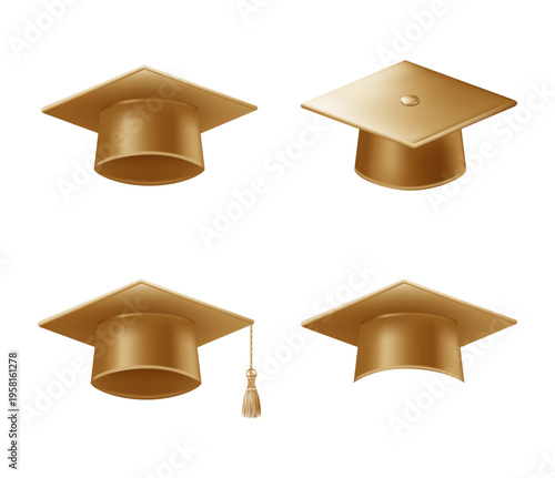 Realistic gold graduate caps set. 3D Graduation Doctoral hat