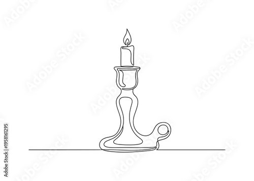 Candle Holder With Decorative Base. Minimalistic one-line drawing candle holder with stylish base and single candle, continuous single black line on white