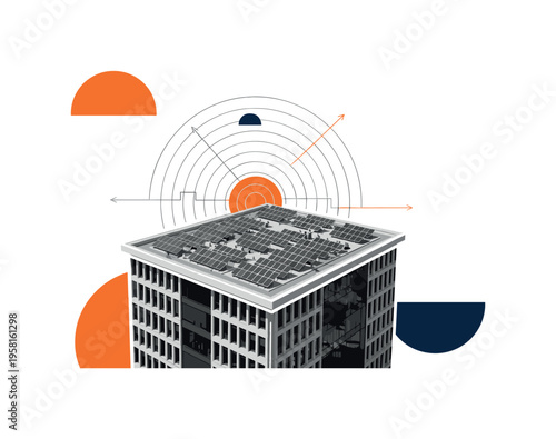 realistic monochrome office building powered by rooftop solar panels, white outline cut-out effect around building and panels, layered semicircles and thin