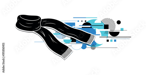 scarf flowing in wind abstract circles semicircles lines and geometric blocks symbolizing cold air movement black and white retro scarf object with white