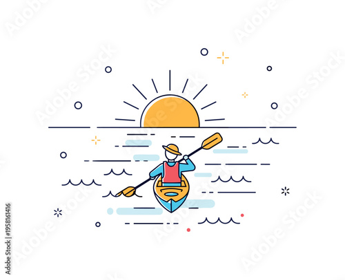 Sunrise river kayaking kayaker paddling toward a rising sun above the river horizon while soft wave lines reflect the light across the water surface. The scene