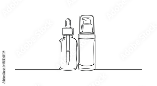 Cosmetic Bottles Set. Minimalistic one-line drawing skincare serum bottle and liquid foundation pump bottle standing together, continuous single black line on