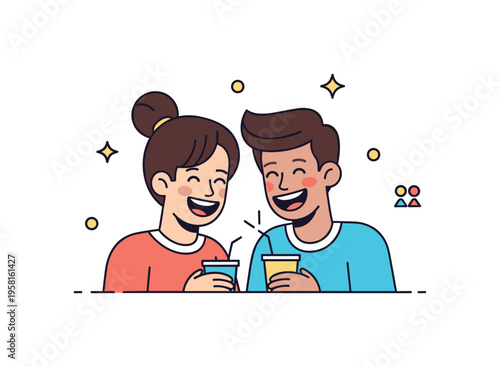 Joyful friendship laughter a compact scene where two friends share a bright moment of humor, small sparkles and soft decorative dots expressing carefree