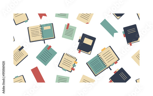 reading notes and bookmarks seamless pattern, repeating pattern, surface design, textile print, modern illustration of notebooks, sticky tabs, and colorful