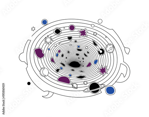 black and white black hole style gravity well with objects spiraling toward the center, cut-out collage shapes with white outline, concentric circular rings