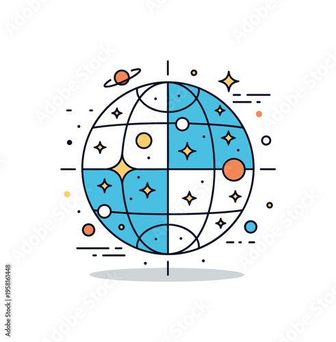 Astronomical boundary lines concept centered on a stylized celestial sphere with thin segmented divisions and scattered bright stars inside each section. The