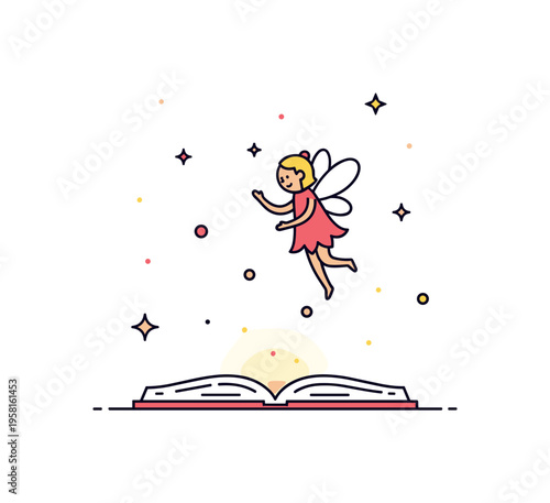 Magic fairy character tiny winged fairy hovering above a glowing book while sparkling particles float through the air suggesting enchanted stories coming to
