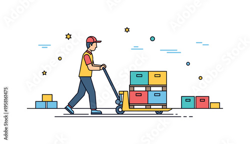 Logistics warehouse activity with a worker guiding a pallet jack loaded with goods across the floor. The scene represents everyday movement of materials and