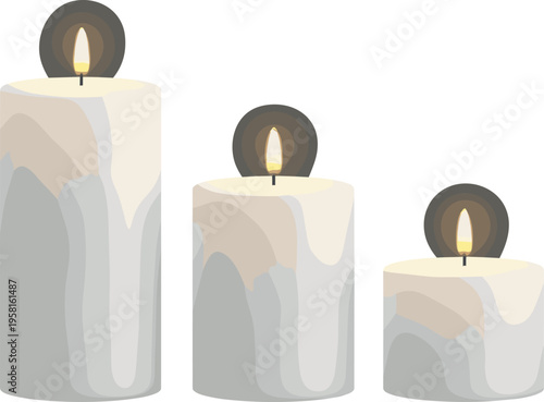 Set of realistic candles with soft glowing flames and melted wax texture isolated on light background for relaxation spa decoration and ambient design