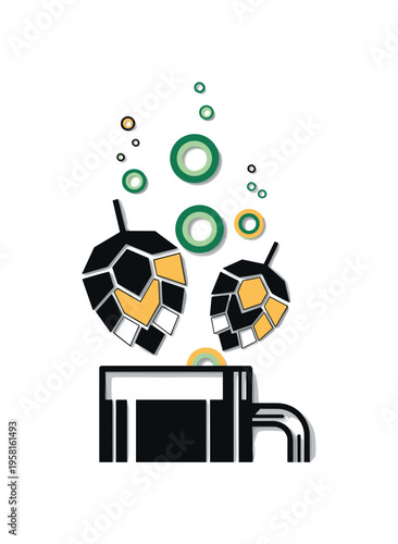 black-and-white beer mug sitting beside stylized hop cones made from geometric shapes, circular bubbles rising around them, green and warm yellow retro