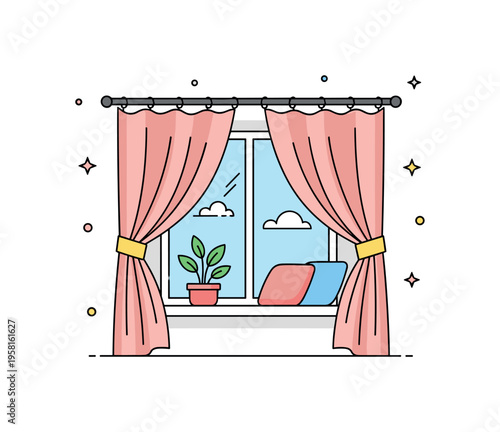 Curtains framing a cozy window scene with a small plant on the sill and soft draped fabric creating a welcoming home atmosphere. Visual metaphor of privacy,