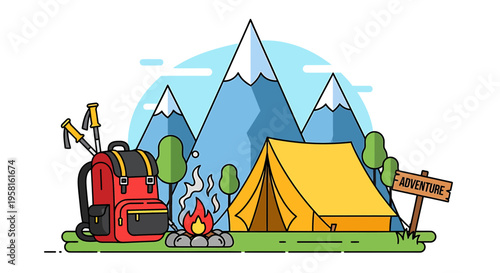 Vector illustration of camping scene with tent, backpack, and campfire