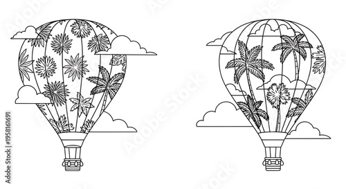 Set of 2 hot air balloons with tropical plants vector