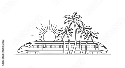 Vector illustration of train with palm trees and sun