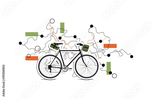 black and white bicycle with a small travel bag attached to the frame, realistic cut-out object with white outline, circular shapes and thin route lines