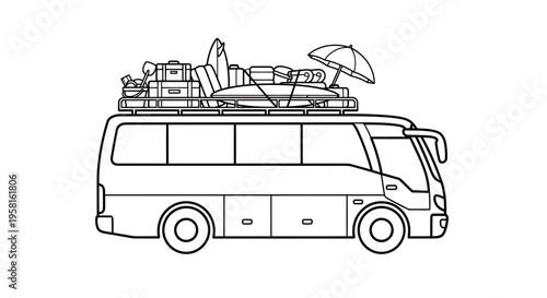 Vector illustration of a bus with luggage and surfboard on roof rack