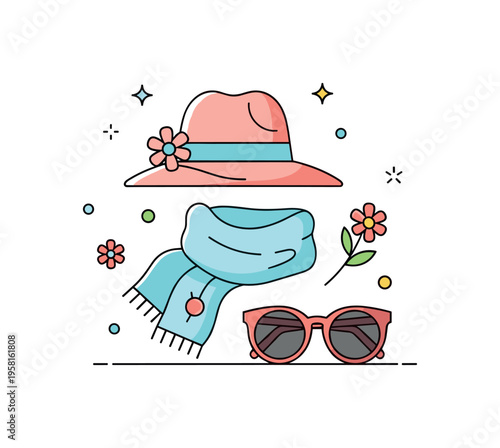 Spring fashion accessories stylish hat, light scarf, and sunglasses grouped together with small flower elements suggesting a breezy and fashionable seasonal