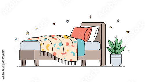 Bed styling with a patterned throw introducing a lively accent to a calm sleeping space. The draped textile, pillow and bedside plant form a compact visual