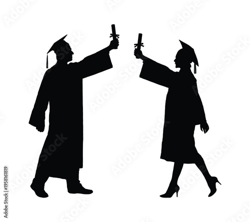 Man and woman graduates facing each other wearing cap and gown raising arm holding diploma in graduation ceremony various poses black silhouette on white background flat vector illustration.