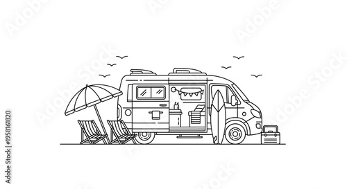 Vector illustration of camper van with outdoor furniture