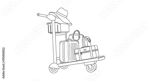 Vector illustration of luggage cart with suitcases and hat