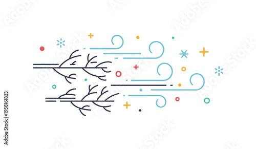 Bare winter branches in wind shown as thin organic lines swaying under subtle curved gust symbols. The scene communicates minimalism, seasonal stillness, and