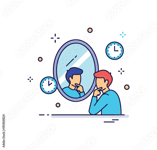 Reflection on past decisions mirror icon with a small thoughtful figure looking at their reflection while subtle clock symbols appear around them. The scene