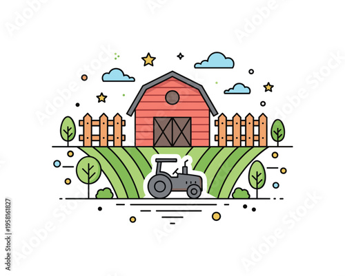 Farm property owner barn icon centered with a small tractor silhouette and fenced field lines behind. A compact micro scene about agricultural livelihood and