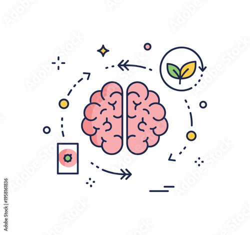 Brain role in addiction recovery stylized brain symbol connected with small pathway arrows and a leaf icon representing healing and neurological change during