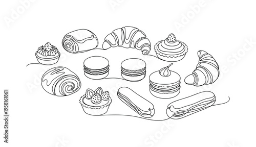 Tasty Pastries. Minimalistic one-line drawing variety of small sweet pastries displayed together, continuous single black line on white background, simple