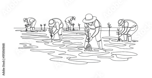 Coastal Mangrove Planting. Minimalistic one-line drawing individuals planting saplings in tidal mudflats, continuous single black line on white background,