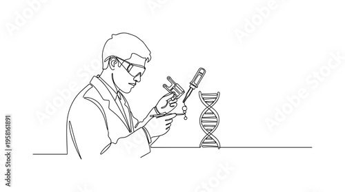 Gene Editing Scientist. Minimalistic one-line drawing scientist examining a DNA strand with laboratory tools representing genetic modification research,