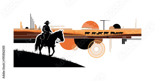 cowboy silhouetted on horseback with herd in distance abstract circles lines and geometric shapes representing ranch work and open landscape black and white