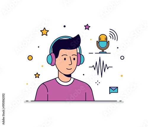 Podcast listening moment person wearing headphones while a small microphone icon and speech waves appear beside them. The illustration represents modern audio