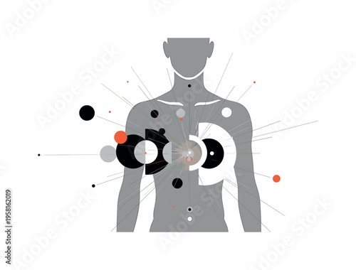 small glowing flame inside human chest abstract circles lines and geometric shapes symbolizing inner drive over fear black and white retro human torso with