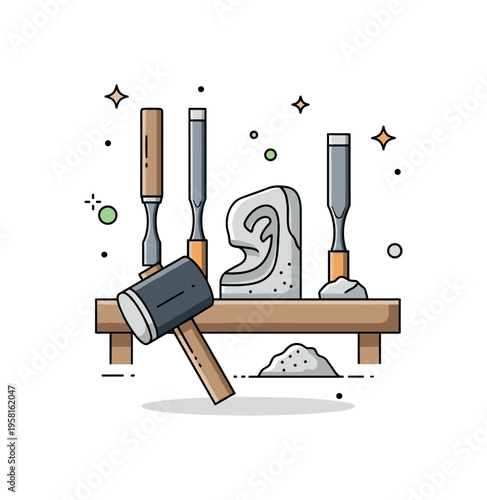 Traditional sculptor tools a simple workbench scene featuring carving chisels, a mallet, and stone dust around a small sculpture fragment, capturing the