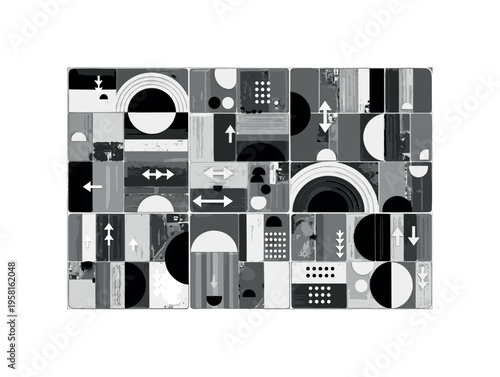 aerial view of farmland with human figure abstract circles lines and geometric shapes representing property oversight black and white retro figure and land