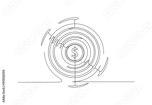 Expanding Coin Symbol. Minimalistic one-line drawing coin stretching outward like an expanding circle representing inflation pressure, continuous single black