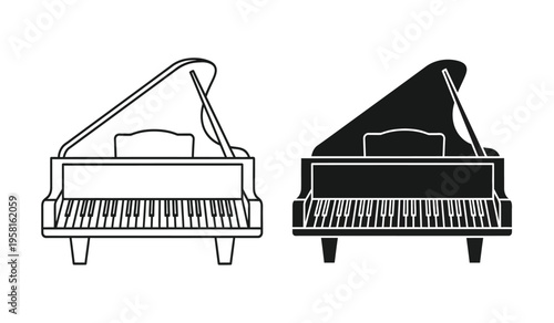 Silhouette of grand pianos in black and white silhouette
