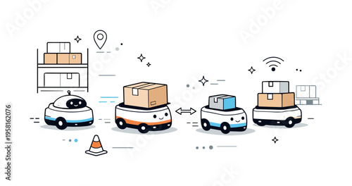 Autonomous warehouse robots. Friendly scene of small autonomous robots moving boxes across the warehouse floor, avoiding obstacles with ease. Calm motion and