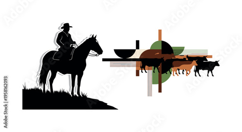 rider stopping to survey cattle abstract semicircles lines and geometric blocks symbolizing attentive ranch work black and white retro human and