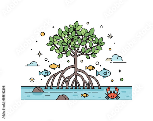 Mangrove ecosystem coastal roots growing into shallow water while small fish and crabs gather around the protective natural structure. The scene communicates