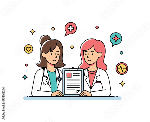 Routine health checkup with a female doctor consulting a woman patient, displaying supportive interaction, preventive care, and medical guidance. Minimalist