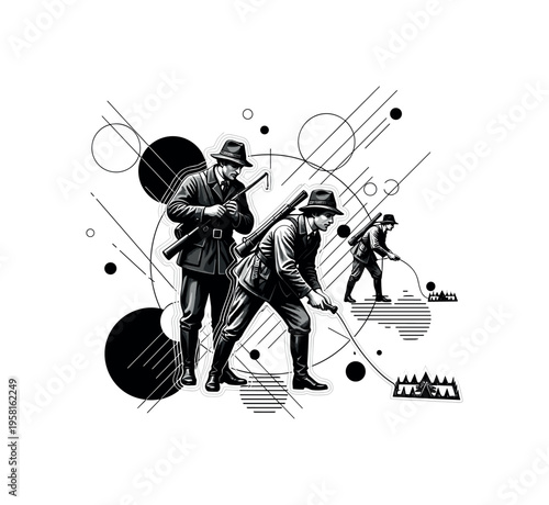 hunters setting traps, geometric circles lines and abstract shapes illustrating preparation and strategy, black and white retro realistic figures with layered